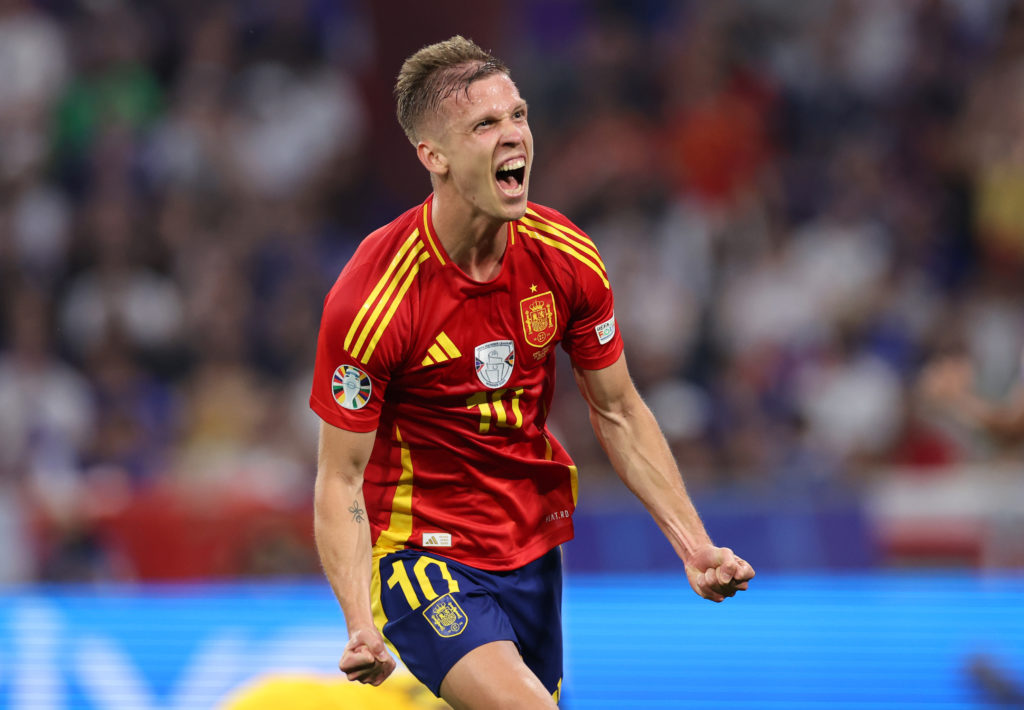 Dani Olmo of Spain celebrates scoring his team's second goal during the UEFA EURO 2024 Semi-Final match between Spain and France at Munich Football...