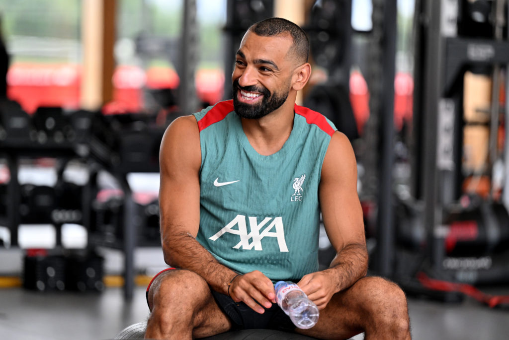 (THE SUN OUT, THE SUN ON SUDNAY OUT) Mohamed Salah of Liverpool during a training session at AXA Training Centre on July 10, 2024 in Kirkby, England.