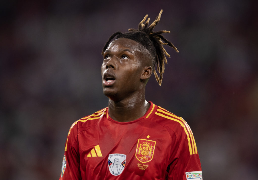 Nico Williams of Spain in action during the UEFA EURO 2024 semi-final match between Spain v France at Munich Football Arena on July 9, 2024 in Muni...