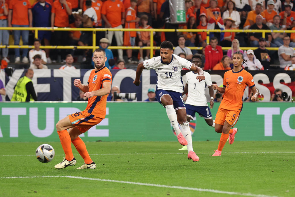 Ollie Watkins of England scores his team's second goal during the UEFA EURO 2024 semi-final match between Netherlands and England at Football Stadi...