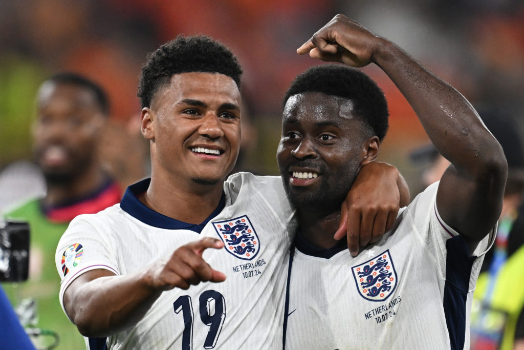 Ollie Watkins and Marc Guehi of England celebrates at the end of the UEFA EURO 2024 semi-final match between Netherlands and England at Football St...