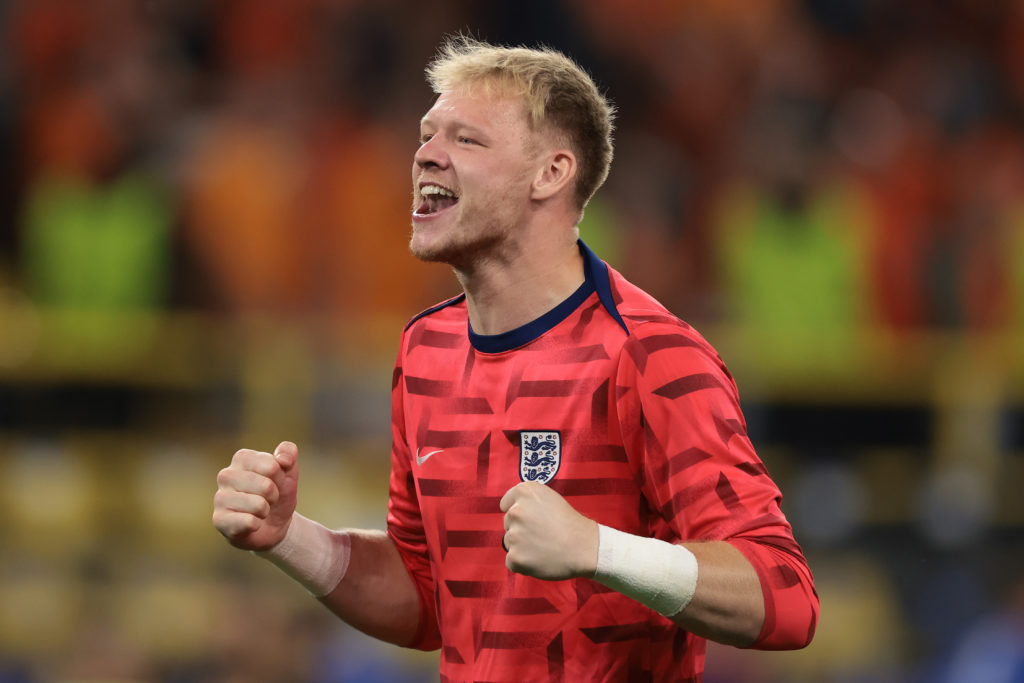 Aaron Ramsdale of England celebrates the 2-1 victory and qualification to the Final following the final whistle of the UEFA EURO 2024 semi-final ma...