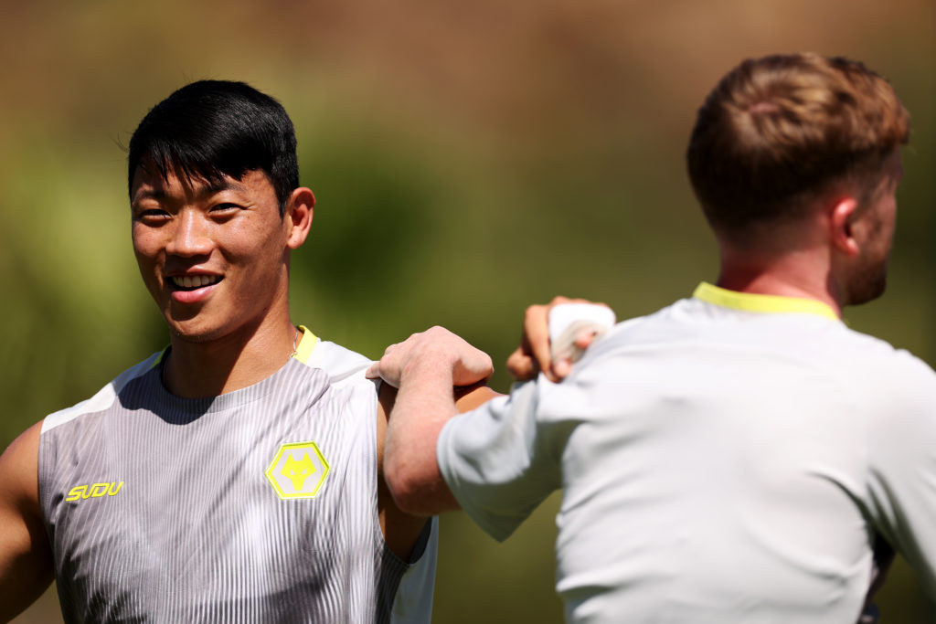 Hee chan Hwang of Wolverhampton Wanderers (L) during a pre-season training session on July 10, 2024 in Marbella, Spain.