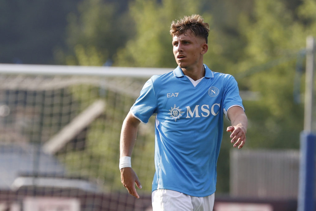 Jesper Lindstrom of Napoli is playing during a preseason friendly match in Dimaro Folgarida, Trento, Italy, on July 16, 2024