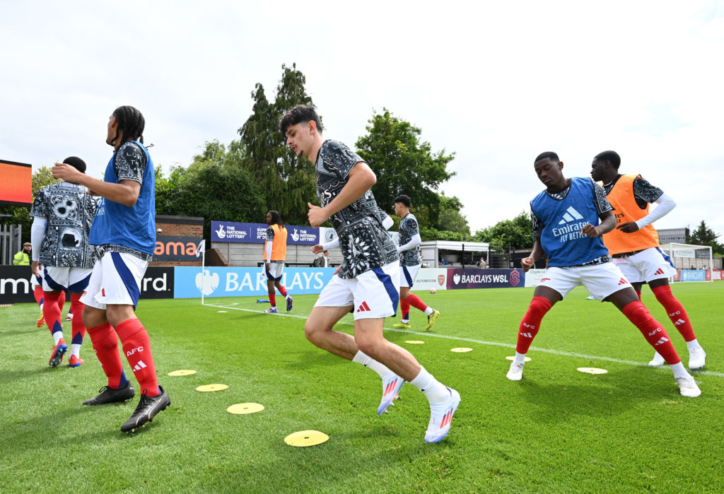 Charlie Patino of Arsenal during the pre season friendly between Boreham Wood and Arsenal XI at Meadow Park on July 13, 2024 in Borehamwood, England.