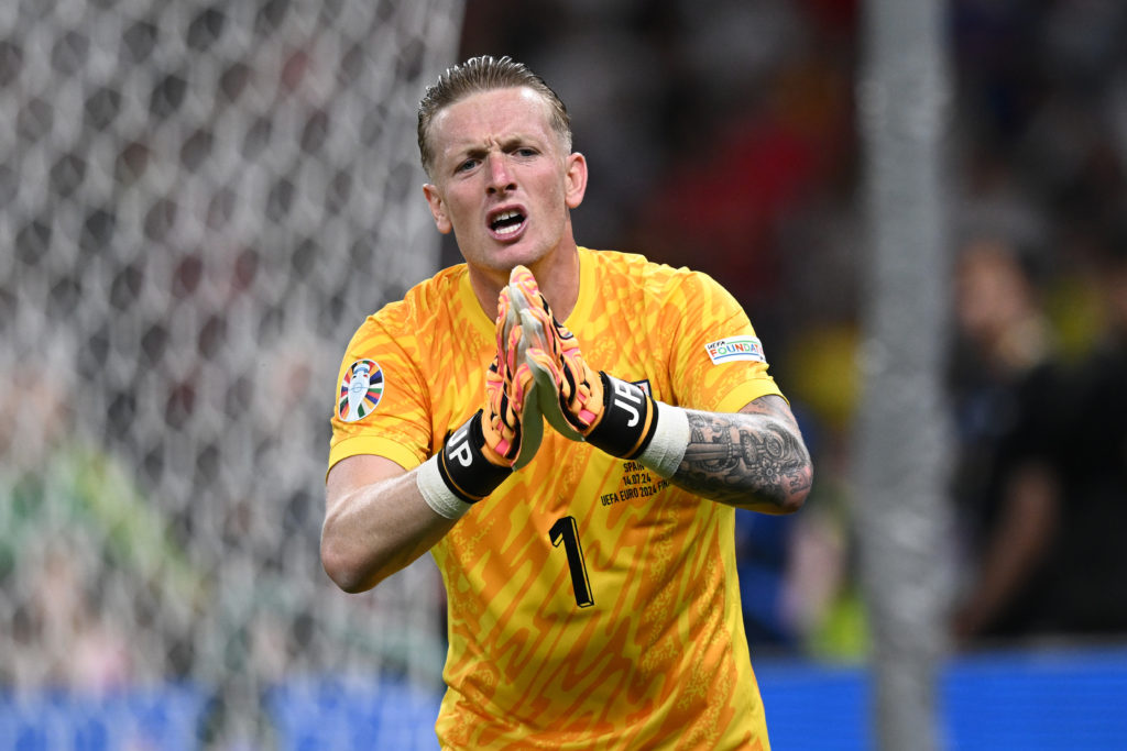 Jordan Pickford of England gestures during the UEFA EURO 2024 final match between Spain and England at Olympiastadion on July 14, 2024 in Berlin, G...