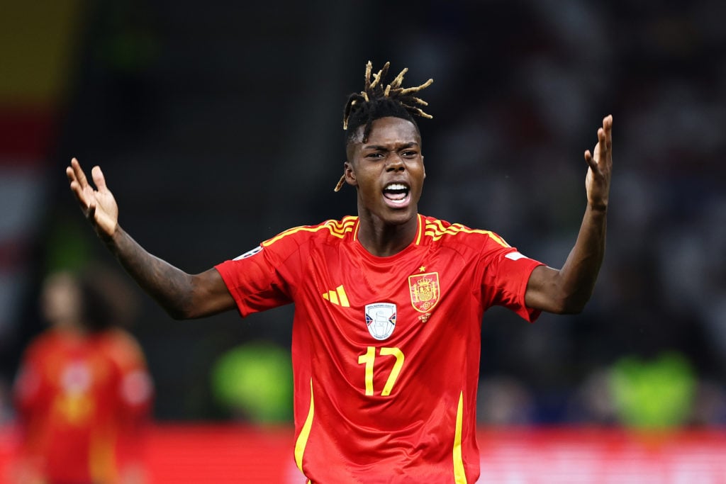 Nico Williams of Spain celebrates scoring his team's first goal during the UEFA EURO 2024 final match between Spain and England at Olympiastadion o...