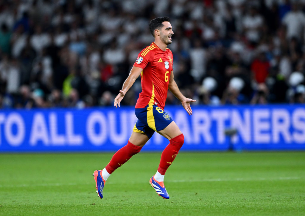 Mikel Merino of Spain celebrates victory after defeating England during the UEFA EURO 2024 final match between Spain and England at Olympiastadion ...