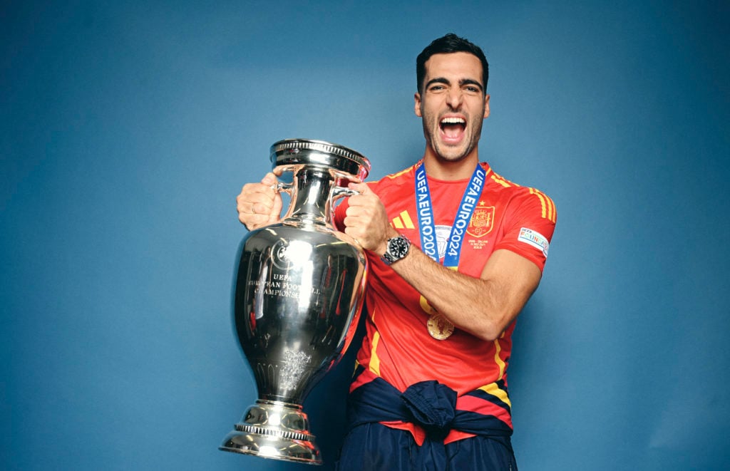 Mikel Merino of Spain poses for a photo with the UEFA Euro 2024 Henri Delaunay Trophy during the UEFA EURO 2024 final match between Spain and Engla...