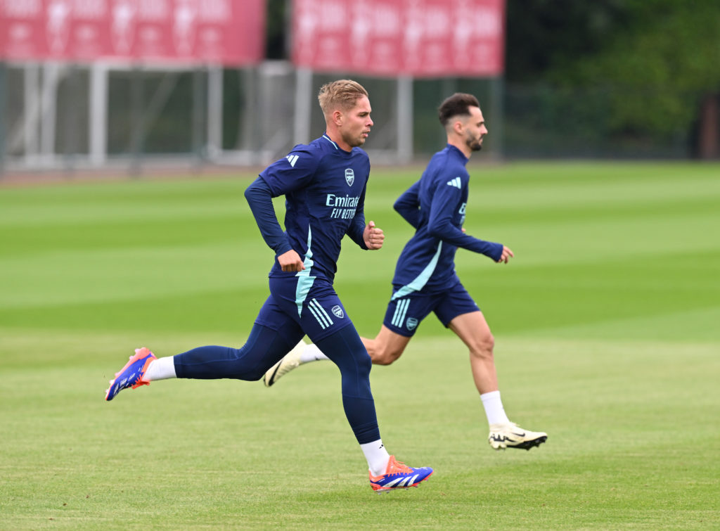 Emile Smith Rowe of Arsenal during a training session at Sobha Realty Training Centre on July 15, 2024 in London Colney, England.