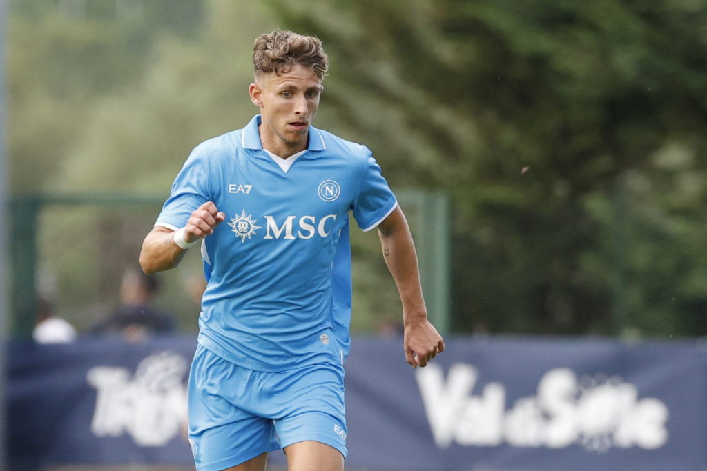 Jesper Lindstrom of Napoli is playing during the pre-season friendly match between SSC Napoli and Mantova 1911 on July 20, 2024, in Dimaro, Italy.