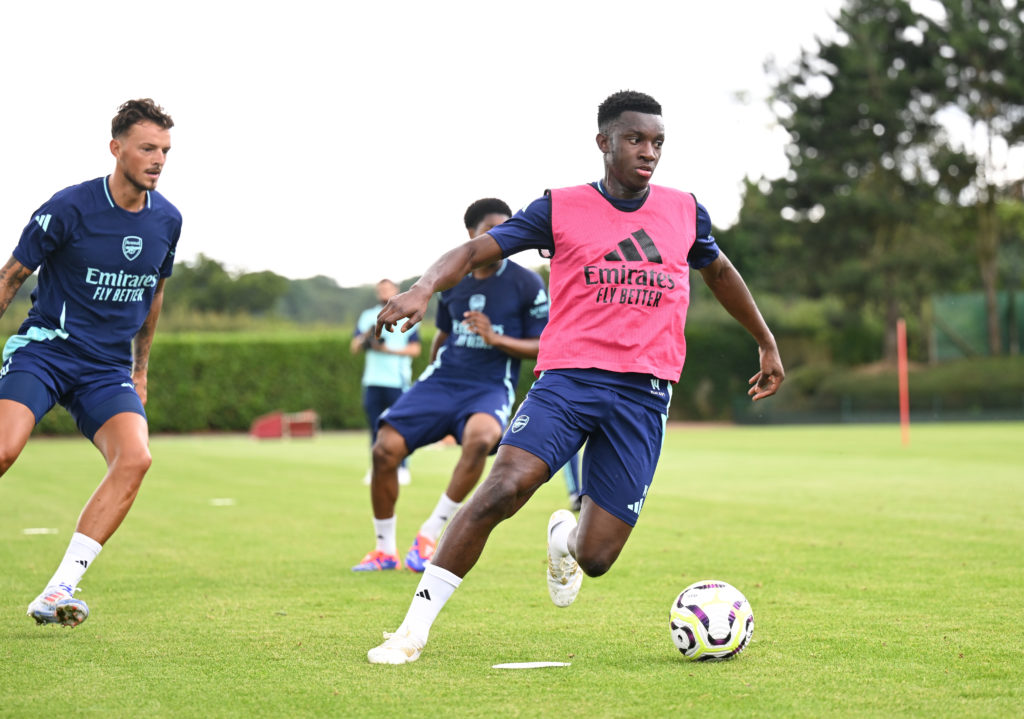 Eddie Nketiah of Arsenal during a training session at Sobha Realty Training Centre on July 16, 2024 in London Colney, England.