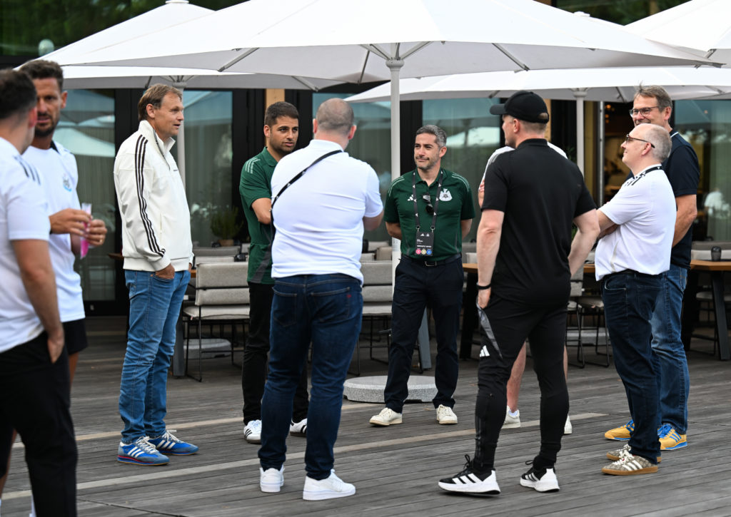 Newcastle United Head Coach Eddie Howe (all black) is seen with Adidas CEO Bjørn Gulden (L), Newcastle United Co-Owner Jamie Rueben, Newcastle Unit...