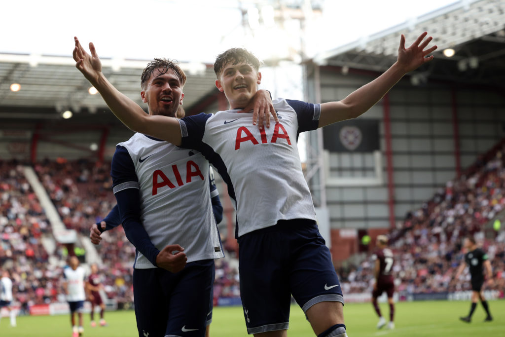 William Lankshear of Tottenham Hotspur celebrates after he scores his team's second goal during the Pre-Season Friendly between Heart of Midlothian...