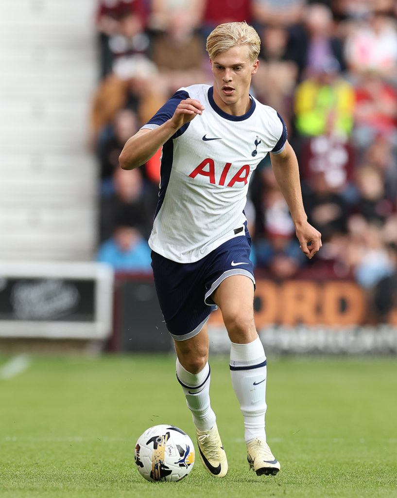 Lucas Bergvall of Tottenham Hotspur controls the ball during the Pre-Season Friendly between Heart of Midlothian and Tottenham Hotspur at Tynecastl...