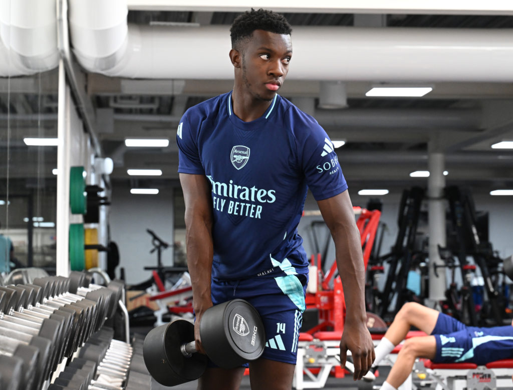 Eddie Nketiah of Arsenal during a training session at Sobha Realty Training Centre on July 18, 2024 in London Colney, England.