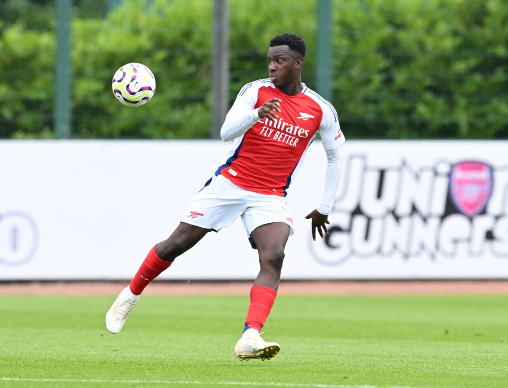 Eddie Nketiah of Arsenal during the pre season friendly between Arsenal XI and Leyton Orient XI at Sobha Realty Training Centre on July 20, 2024 in...