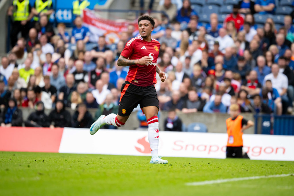 Jadon Sancho of Manchester United in action during a pre-season friendly match between Manchester United v Glasgow Rangers at Murrayfield Stadium o...