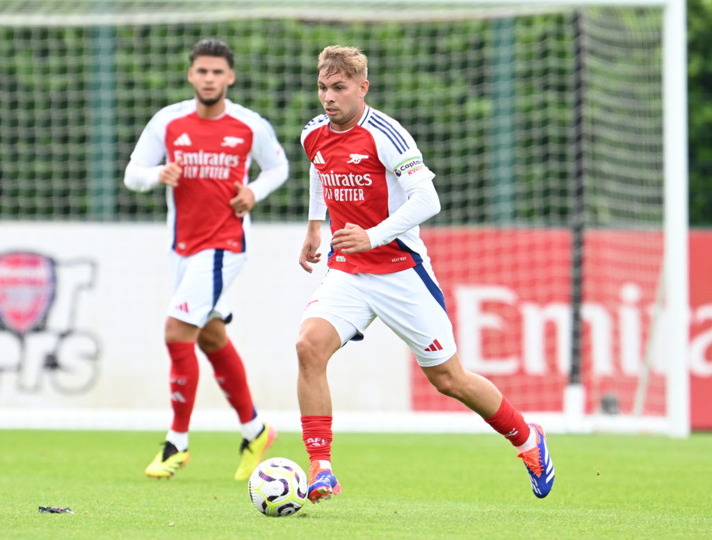 Emile Smith Rowe of Arsenal during the pre season friendly between Arsenal XI and Leyton Orient XI at Sobha Realty Training Centre on July 20, 2024...