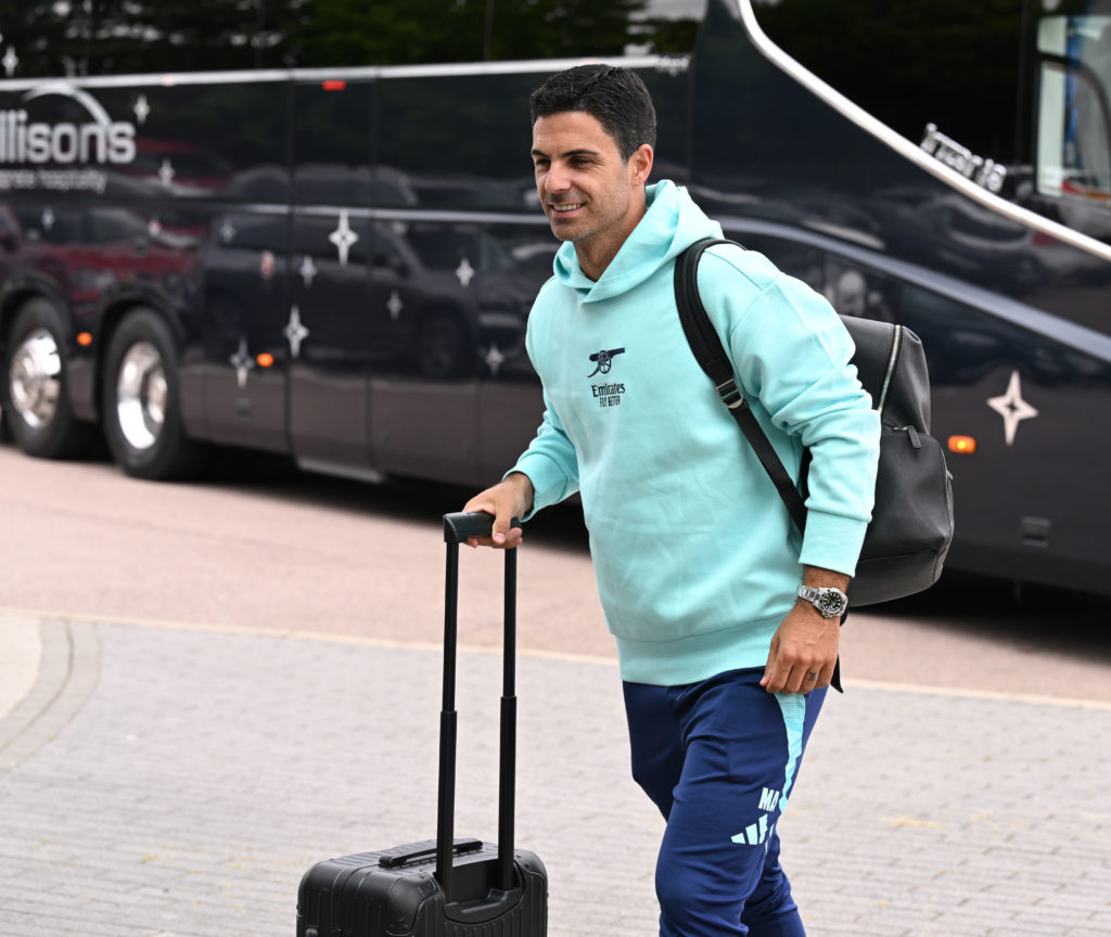 Arsenal manager Mikel Arteta arrives at Stansted Airport before the team flies to the US in Stansted, Essex on July 21, 2024.