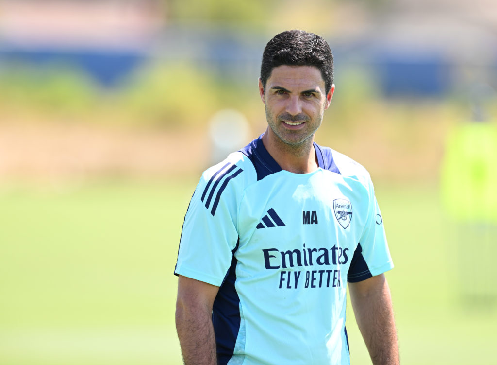 Arsenal manager Mikel Arteta during a training session at Los Angeles Rams Practice Facility on July 23, 2024 in Thousand Oaks, California.