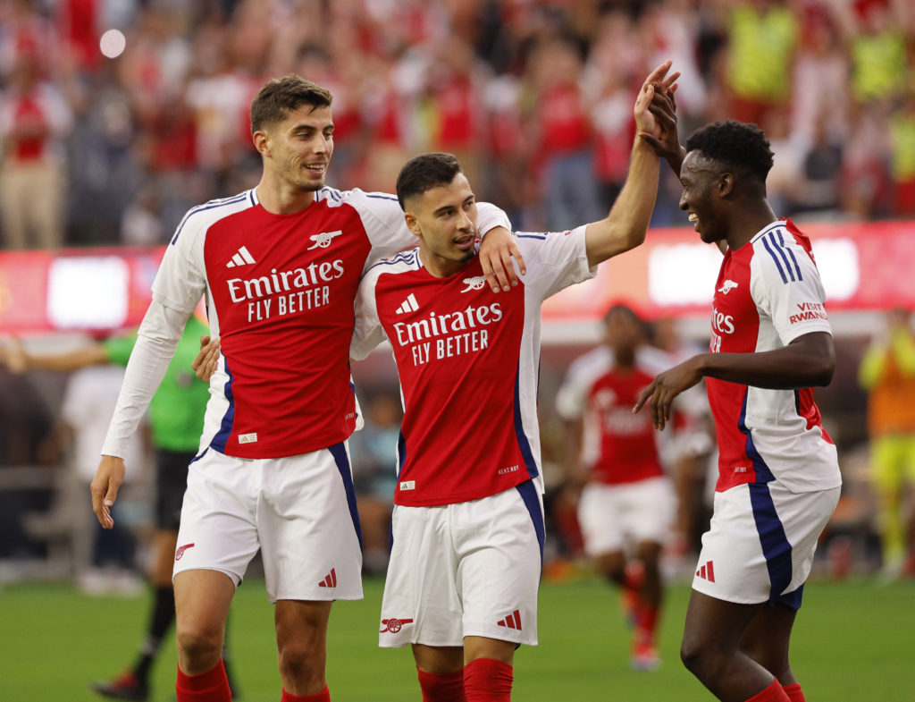 Gabriel Martinelli #11 of Arsenal is congratulated by Kai Havertz #29 and Eddie Nketiah #14 scoring a goal in the second half a friendly pre-season...