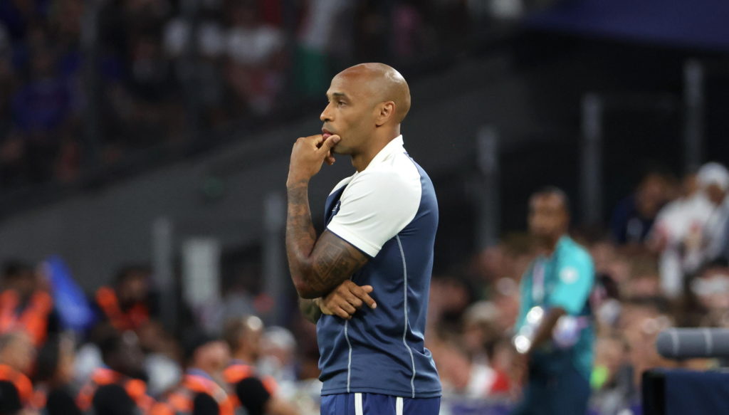 Head coach, Thierry Henry of Team France reacts during the Men's group A match between France and United States during the Olympic Games Paris 2024...