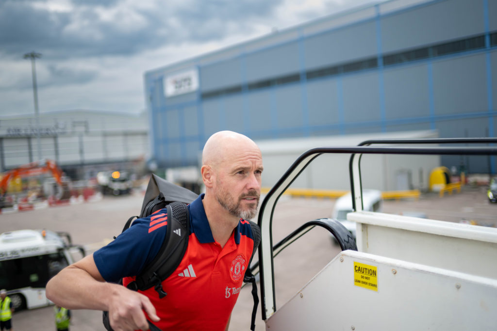 Manager Erik ten Hag of Manchester United departs from Manchester Airport ahead of their pre-season tour on July 24, 2024 in Manchester, England.