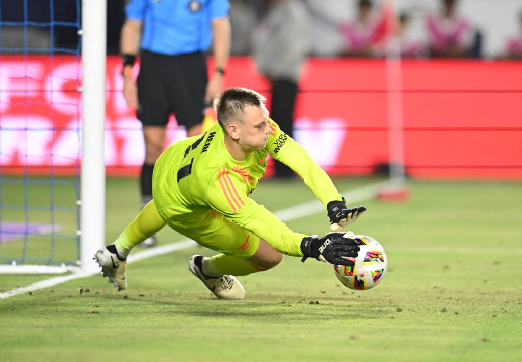 Arsenal goalkeeper Karl Hein saves a Bournemouth penalty during a pre season friendly match between Arsenal and AFC Bournemout at Dignity Health Sp...