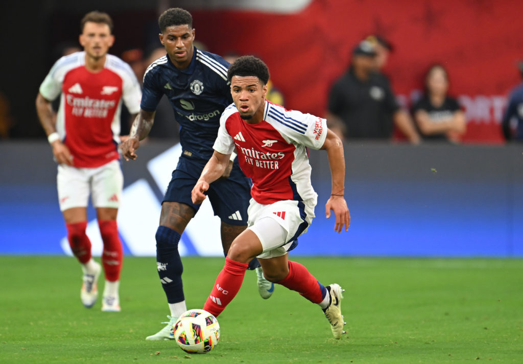 Ethan Nwaneri of Arsenal FC controls the ball during Pre-Season Friendly match between Arsenal FC and Manchester United at SoFi Stadium on July 27,...