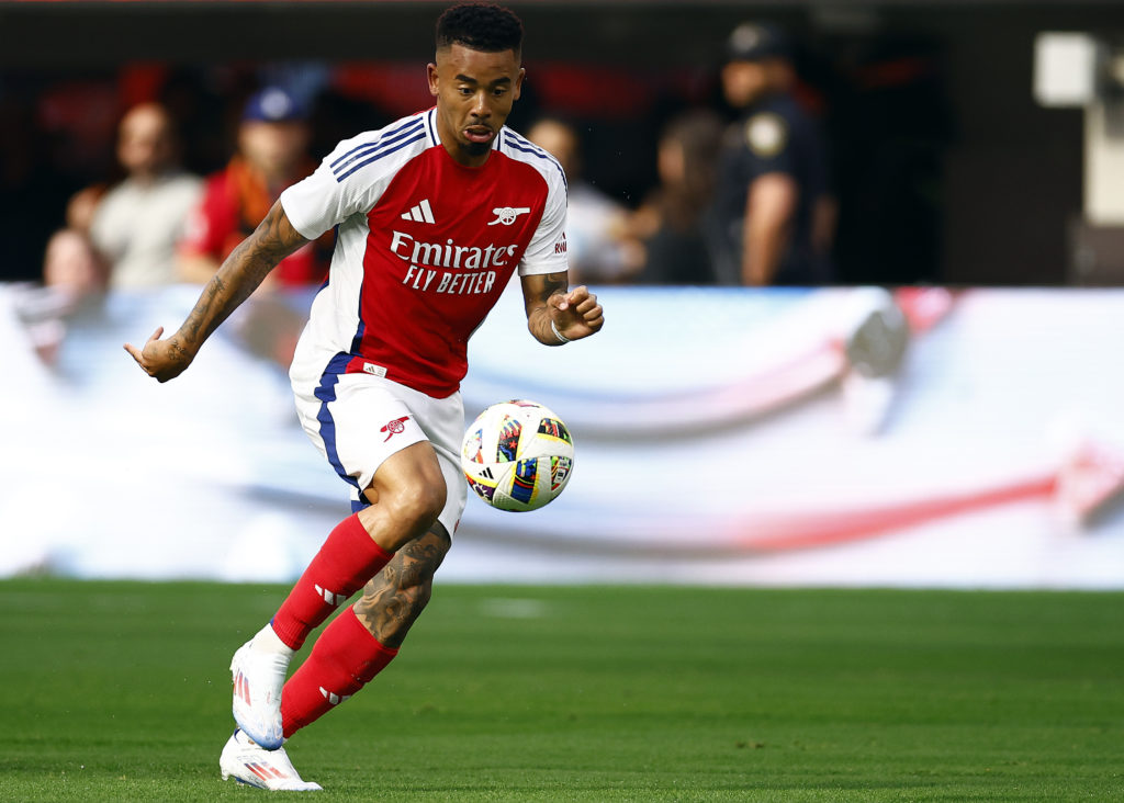 Gabriel Jesus #9 of Arsenal controls the ball against Manchester United in the first half during a pre-season friendly match at SoFi Stadium on Jul...