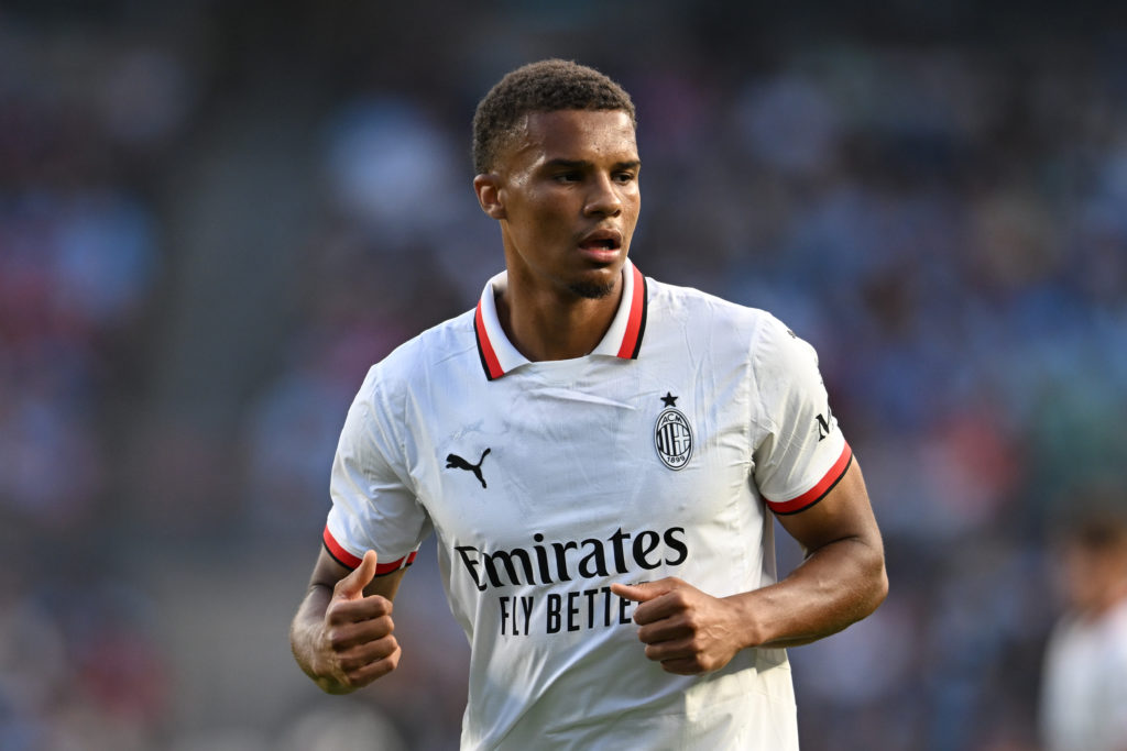 Malick Thiaw #28 of AC Milan jogs during a game between Manchester City and AC Milan at Yankee Stadium on July 27, 2024 in New York City.