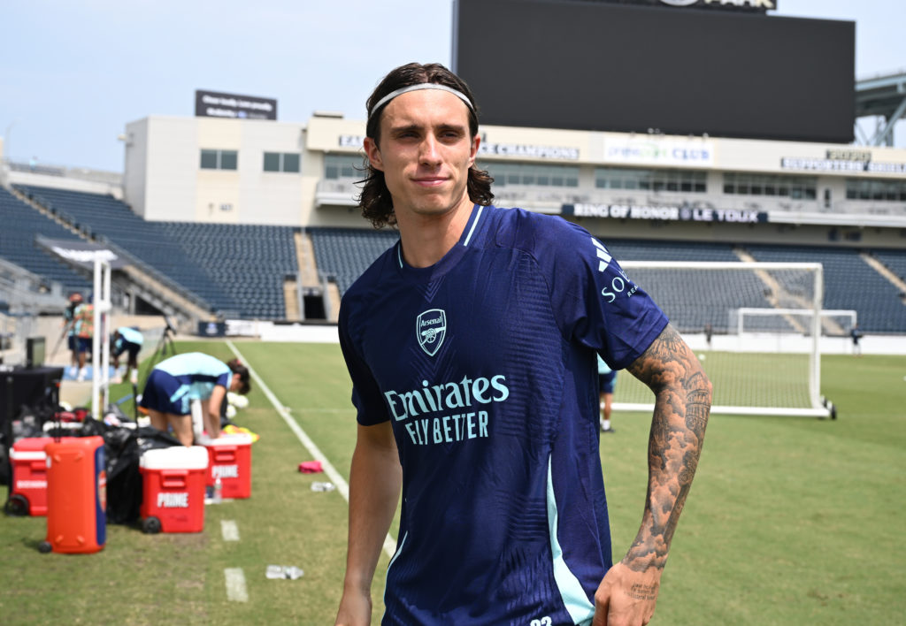 Riccardo Calafiori of Arsenal during a training session at Subaru Park on July 29, 2024 in Chester, Pennsylvania.