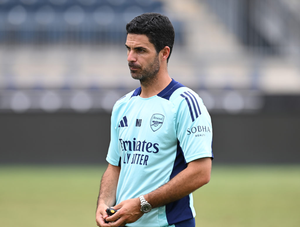 Arsenal manager Mikel Arteta during a training session at Subaru Park on July 29, 2024 in Chester, Pennsylvania.