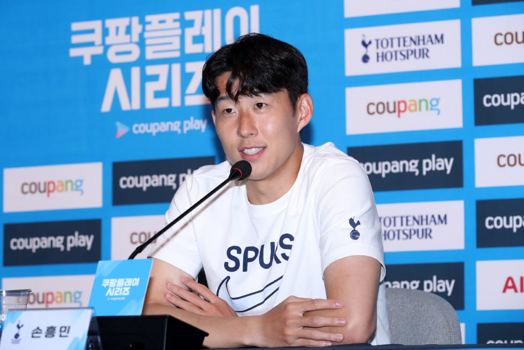 Son Heung-Min of Tottenham Hotspur speaks to the media during a Tottenham Hotspur Press Conference ahead of a training session at Seoul World Cup S...