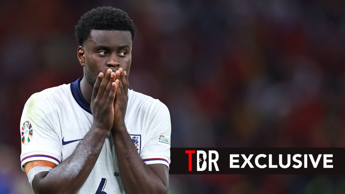 A dejected Marc Guehi of England. Overlaid, a TBR EXCLUSIVE banner.