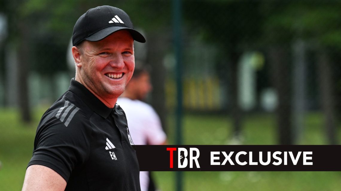 Newcastle United Head Coach Eddie Howe smiles during the Pre Season Training camp. Overlaid, an exclusive banner.