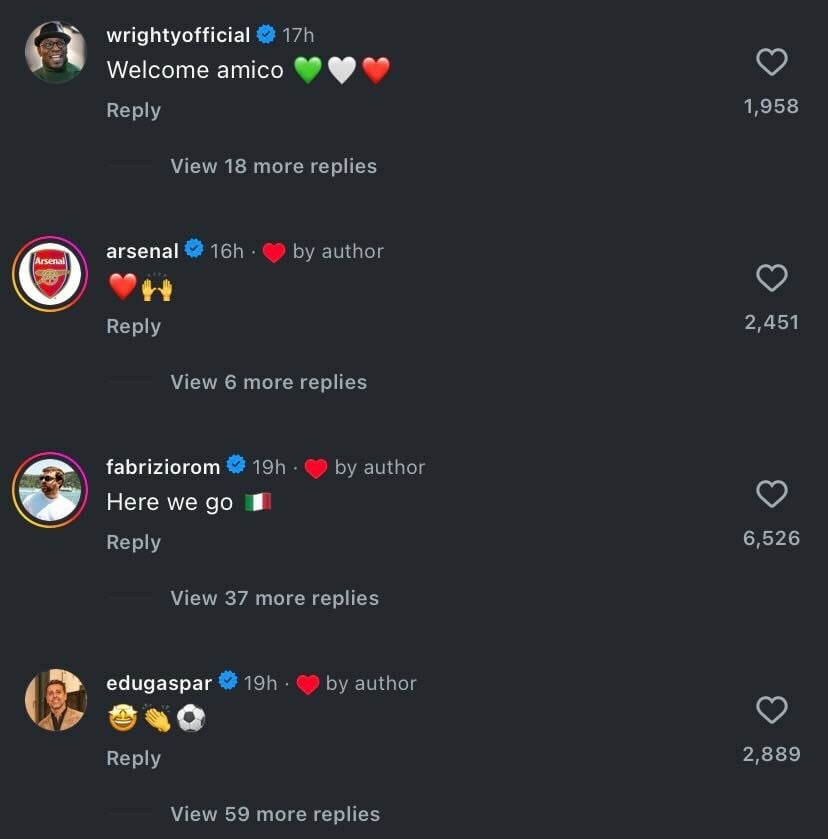 Ian Wright and Edu Gaspar send messages to new Arsenal signing Riccardo Calafiori