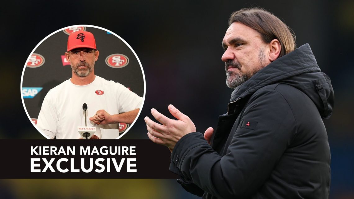 Daniel Farke the head coach / manager of Leeds United applauds the fans. Inset, Kyle Shanahan of the San Francisco 49ers speaks to the media.
