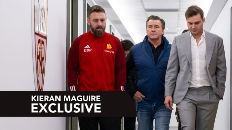 Daniele De Rossi with the owners Dan and Ryan Friedkin during his first day as AS Roma coach.