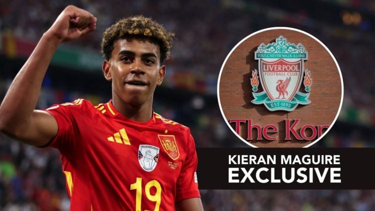 Lamine Yamal of Spain encourages the fans after being substituted out of the game. Inset, the Liverpool Football Club badge.