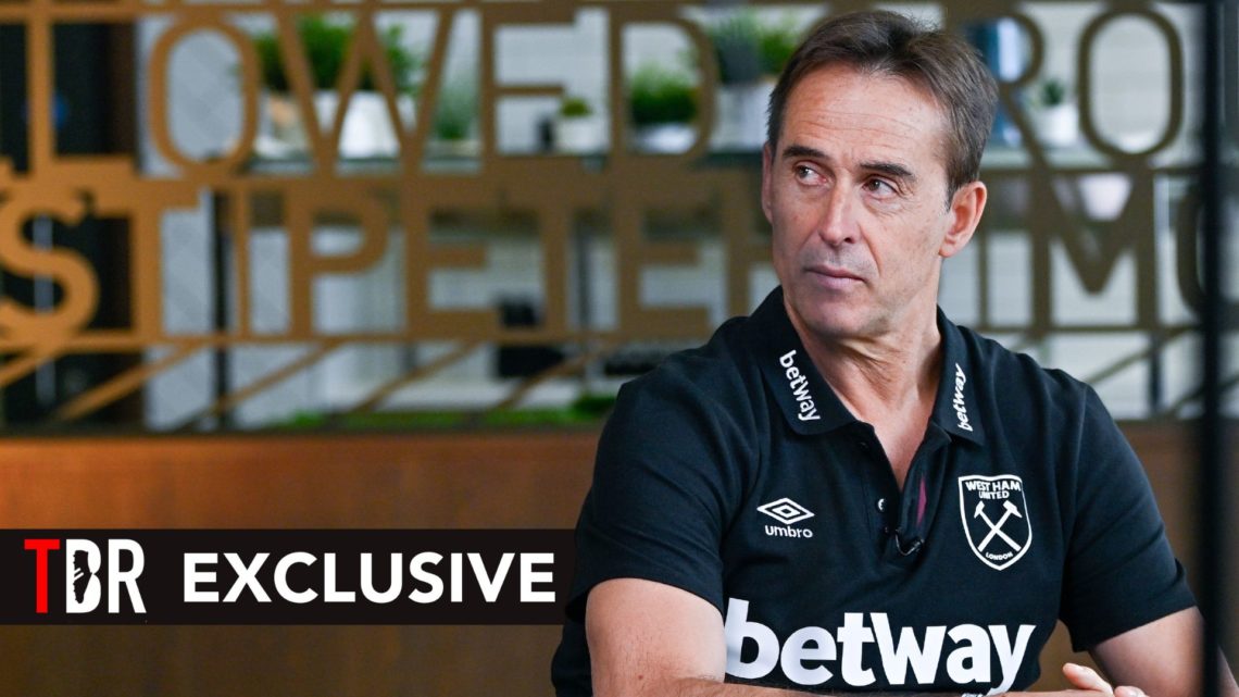 Julen Lopetegui Head Coach of West Ham United attends a press conference. Overlaid, an exclusive banner.