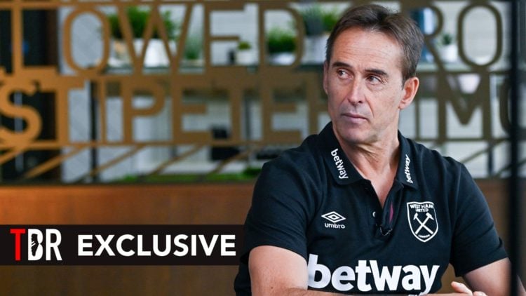 Julen Lopetegui Head Coach of West Ham United attends a press conference. Overlaid, an exclusive banner.