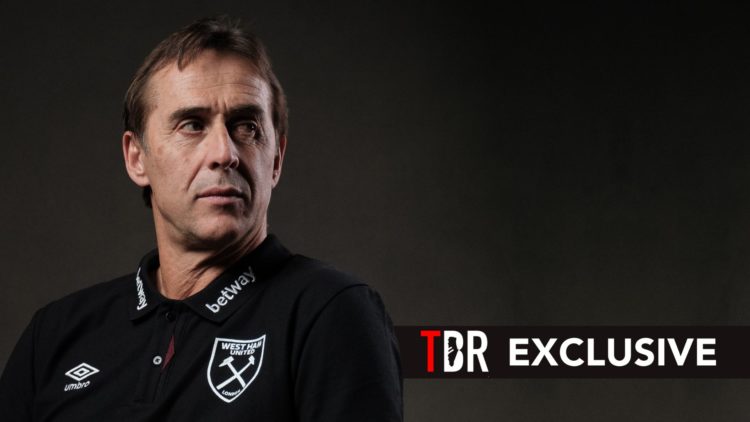 Julen Lopetegui is unveiled as the new West Ham United manager. Overlaid, a TBR EXCLUSIVE banner.