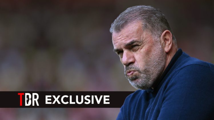 Spurs Head Coach Ange Postecoglou looks o during the Premier League match. Overlaid, a TBR EXCLUSIVE banner.