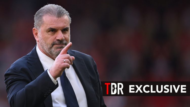 Ange Postecoglou, Manager of Tottenham Hotspur, gestures to the Spurs fans following the Premier League match. Overlaid, a TBR EXCLUSIVE banner.