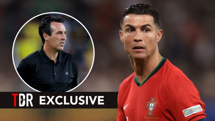 Cristiano Ronaldo of Portugal looks on during the UEFA EURO 2024 quarter-final match. Inset, Unai Emery. Overlaid, an exclusive banner.