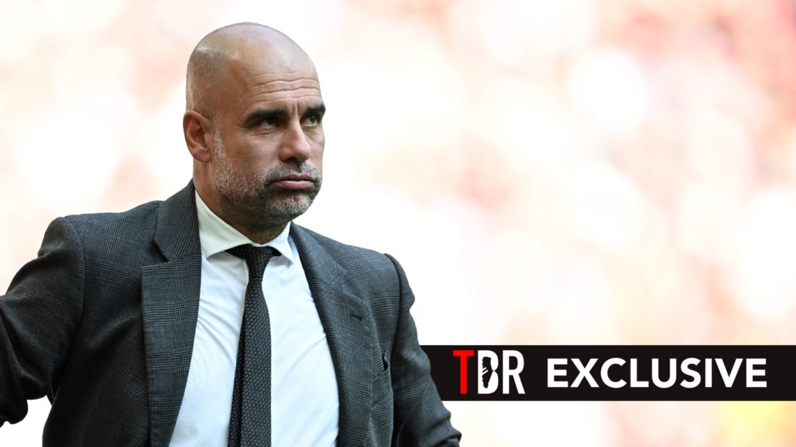 Pep Guardiola, manager of Manchester City, reacts. Overlaid, TBR Exclusive banner.