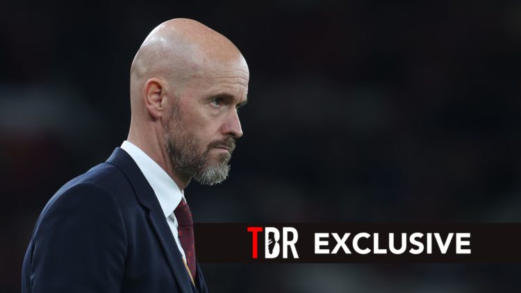 Manager Erik ten Hag of Manchester United watches from the touchline. Overlaid, a TBR EXCLUSIVE banner.