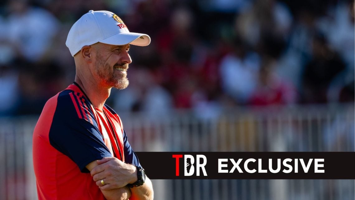 Manager Erik ten Hag of Manchester United in action during a first team training session. Overlaid, an exclusive banner.